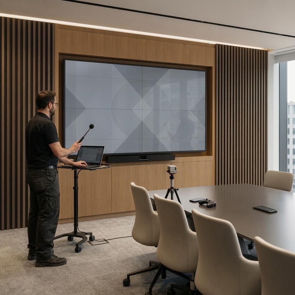AV engineer calibrating a conference room display with a measurement microphone, laptop, and test device