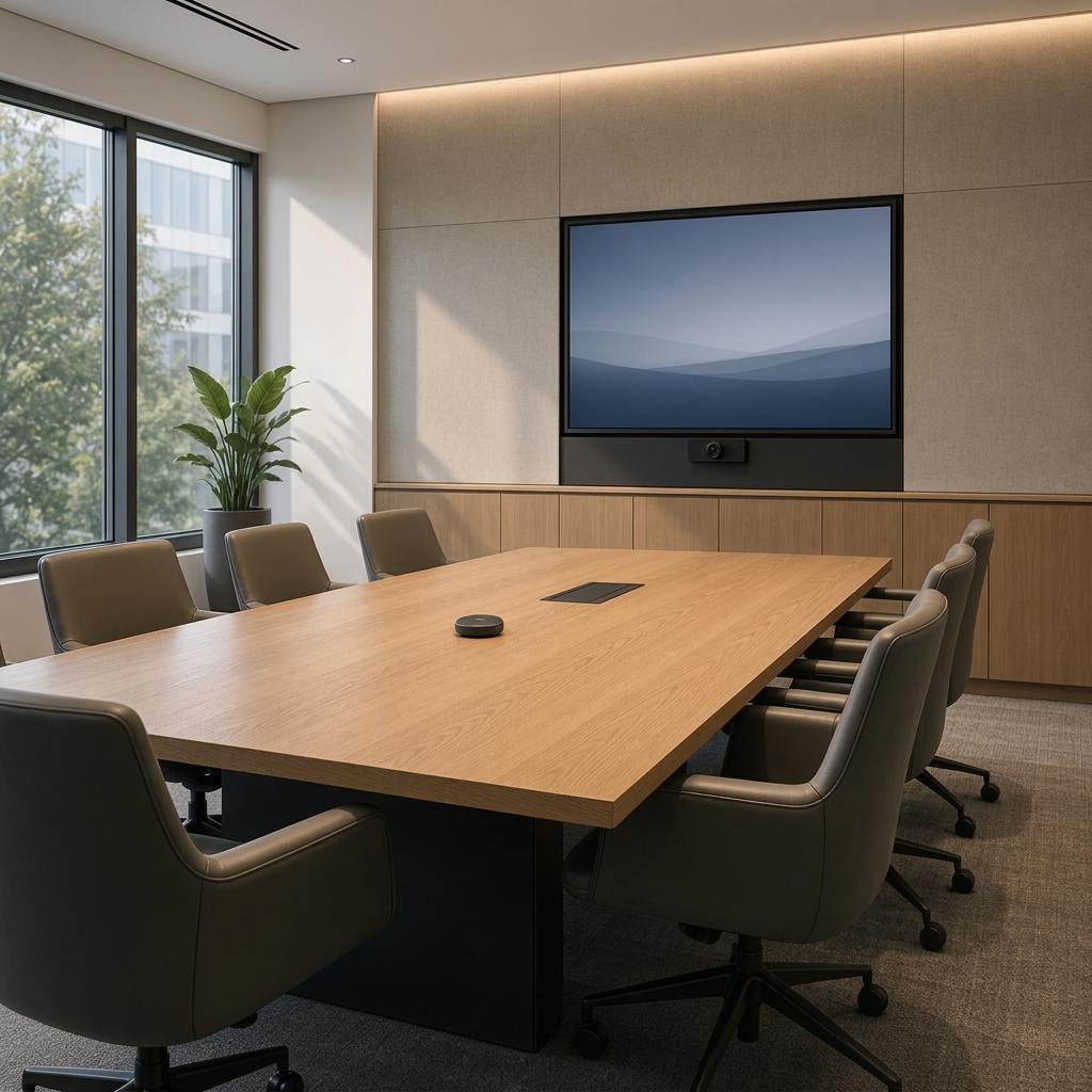 Empty eight-seat conference room with a wall display, integrated camera, flush table microphone, and concealed connectivity