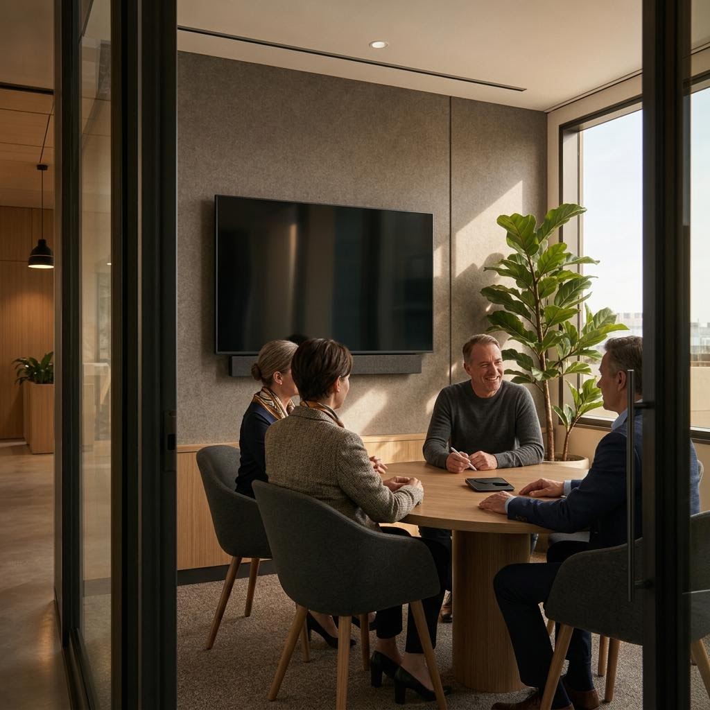 Compact huddle room with a wall display, integrated camera and speaker bar, round table, and concealed technology