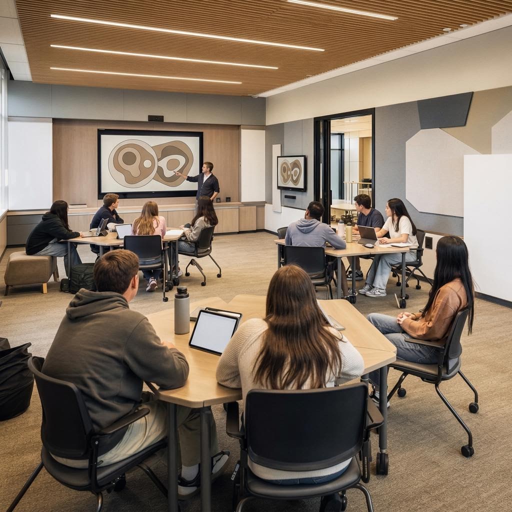 Flexible learning classroom with students in small groups, a teacher, large display, and clear sightlines