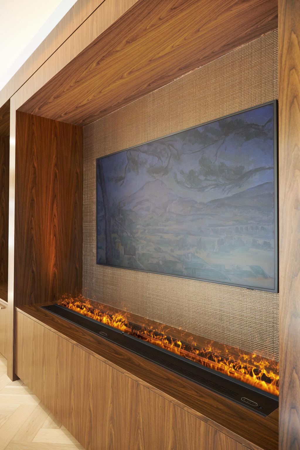 Close view of the clubroom display set into a wood-paneled wall