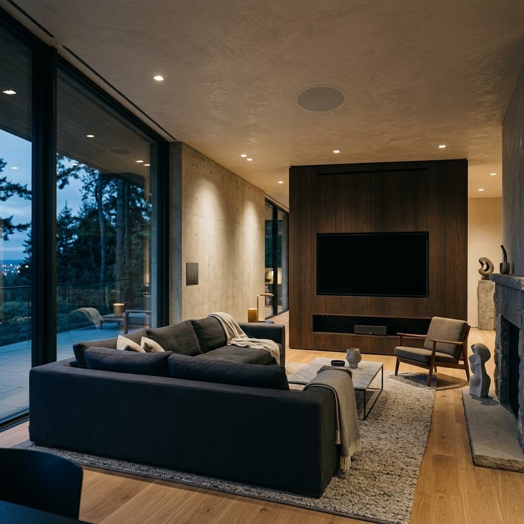 Contemporary living space showing clean architectural lines with concealed technology