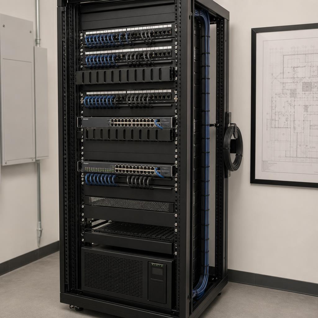 Organized network rack with patch panels, switches, cable management, labeling, and a secured service loop