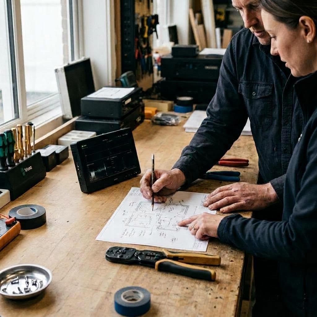 Hands reviewing an AV plan beside a display and installation tools