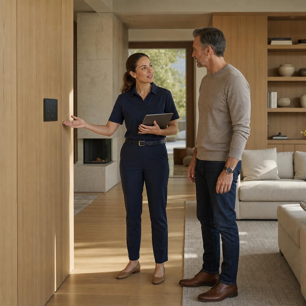 Integrator explaining a flush wall control to a homeowner in a finished living room
