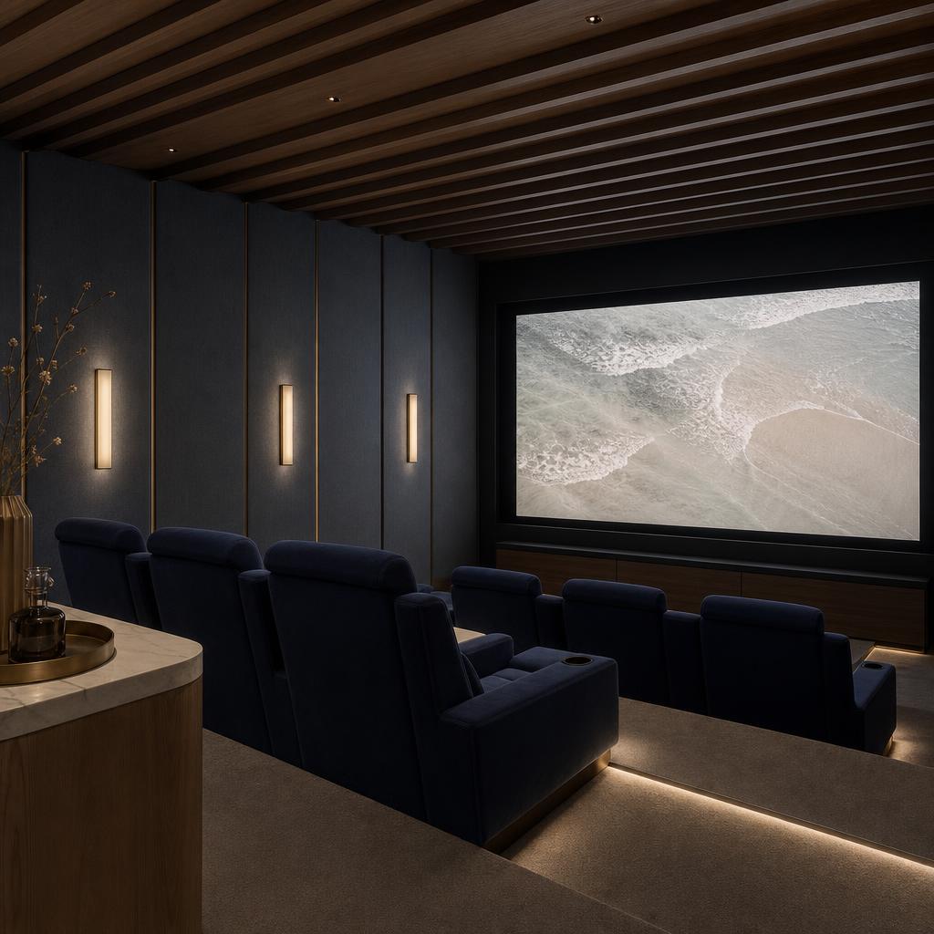 Finished private cinema with a wide screen, navy seating, acoustic wall panels, and concealed speakers