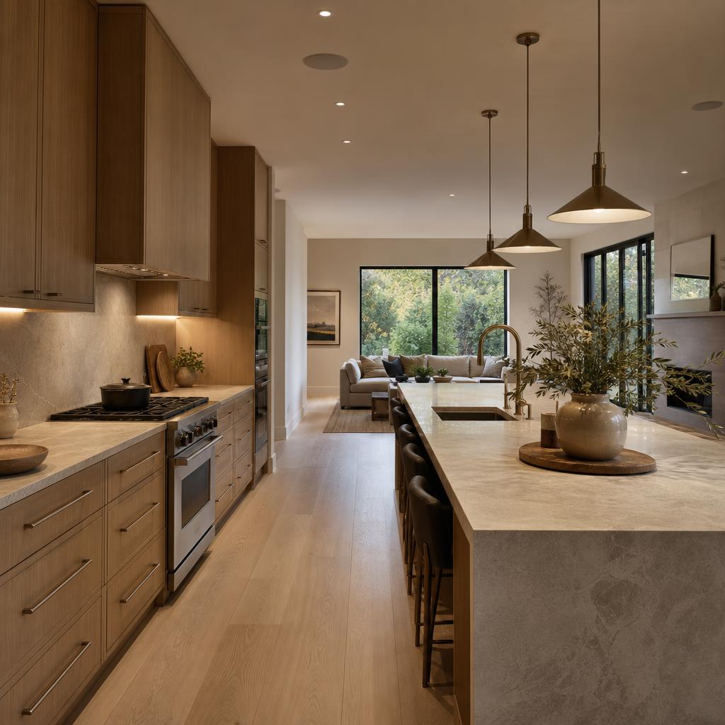 Open kitchen with a limestone island, oak cabinetry, integrated lighting, and an adjoining living area