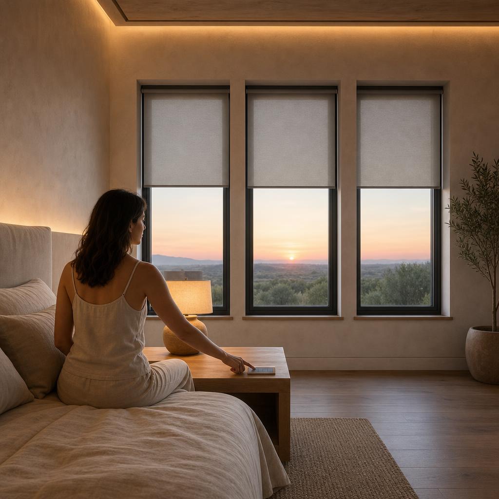 Woman seated at the bedside pressing a scene control as three window shades rise in warm morning light