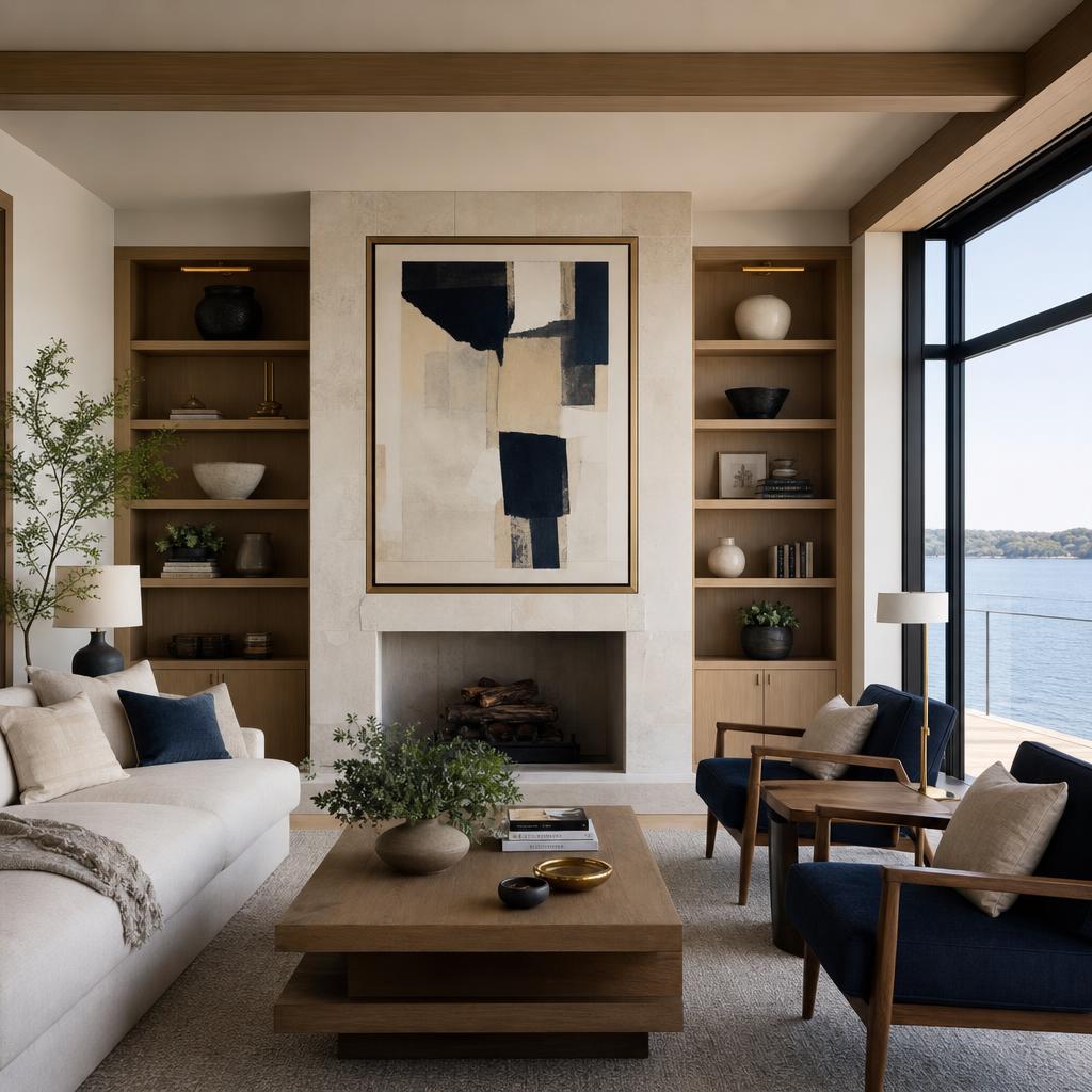 Waterfront living room with linen seating and a display concealed as framed abstract art in oak millwork
