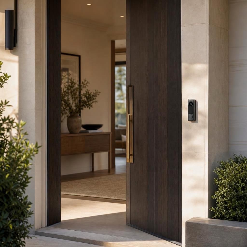 Single video doorbell mounted beside a finished dark timber front door