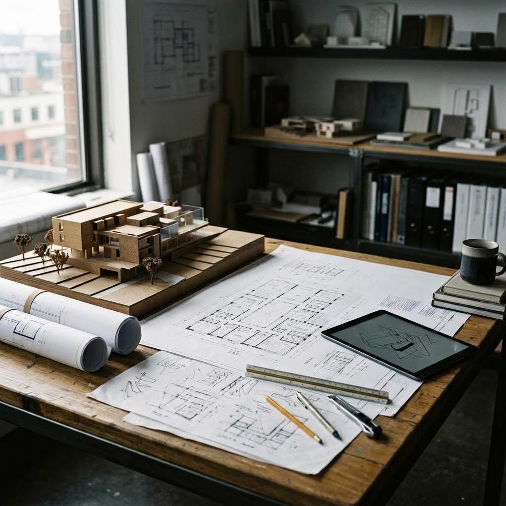 Architectural studio with rolled drawings, a digital model, and floor plans