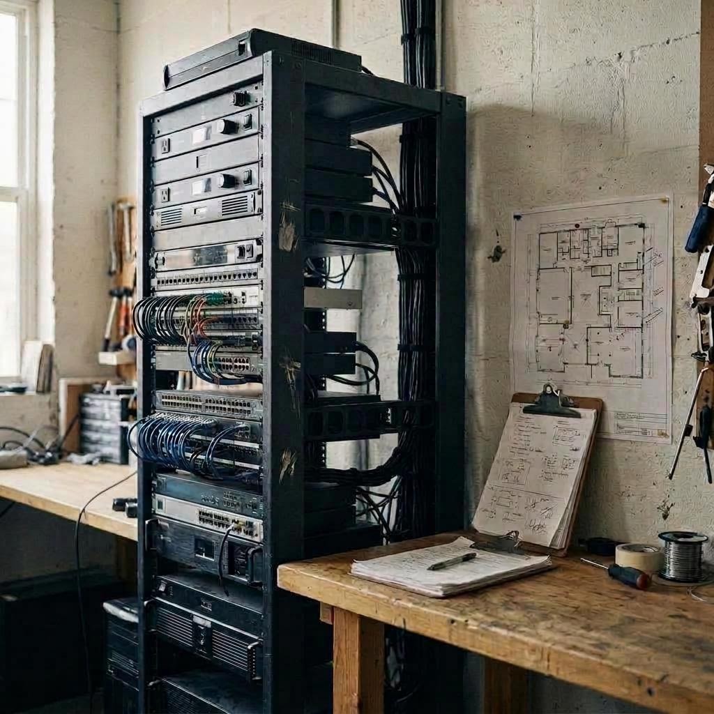 Facilities workspace with an equipment rack, operational notes, and a floor plan