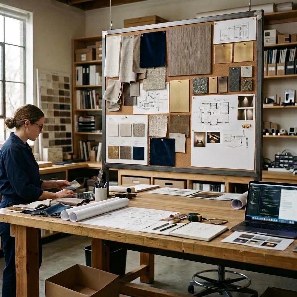 Interior design studio with material samples, finish boards, and a lighting study