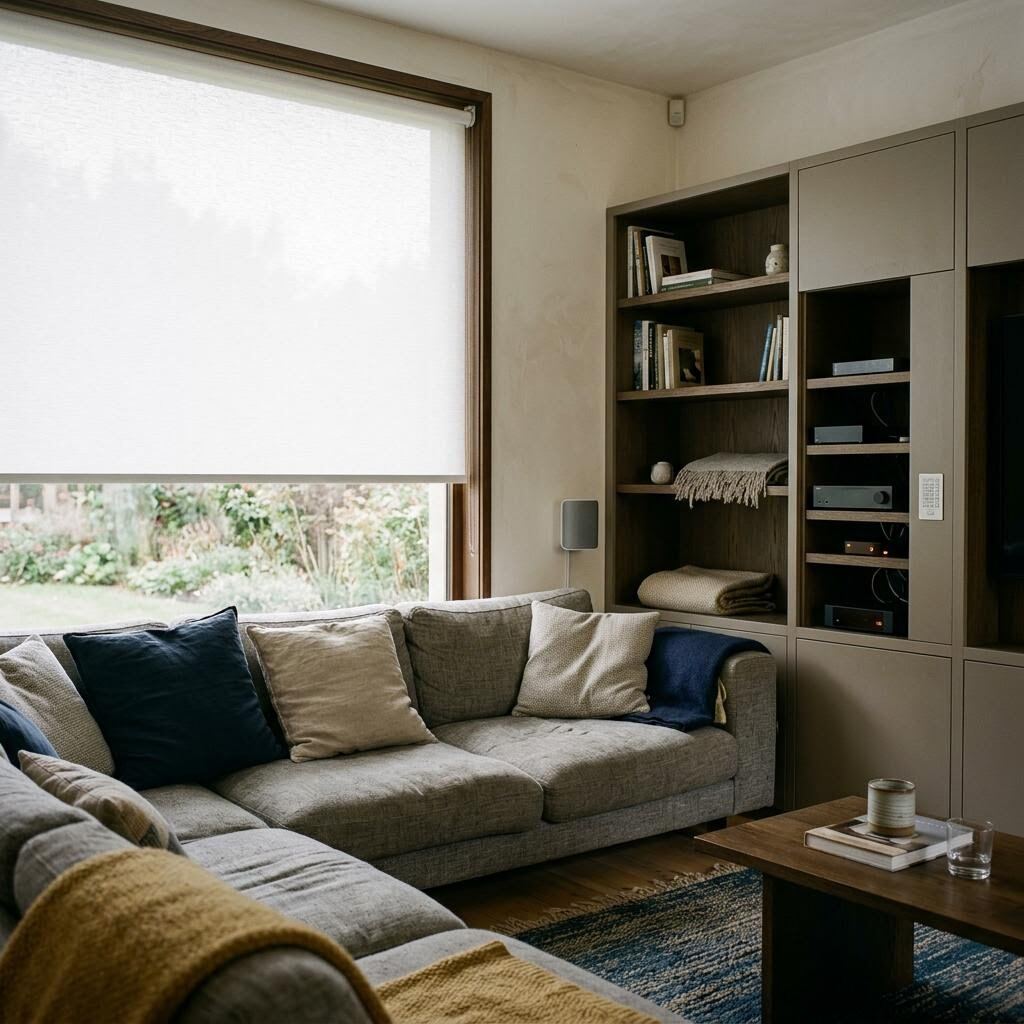 Living room with a white roller shade lowered above a corner sofa and built-in cabinetry