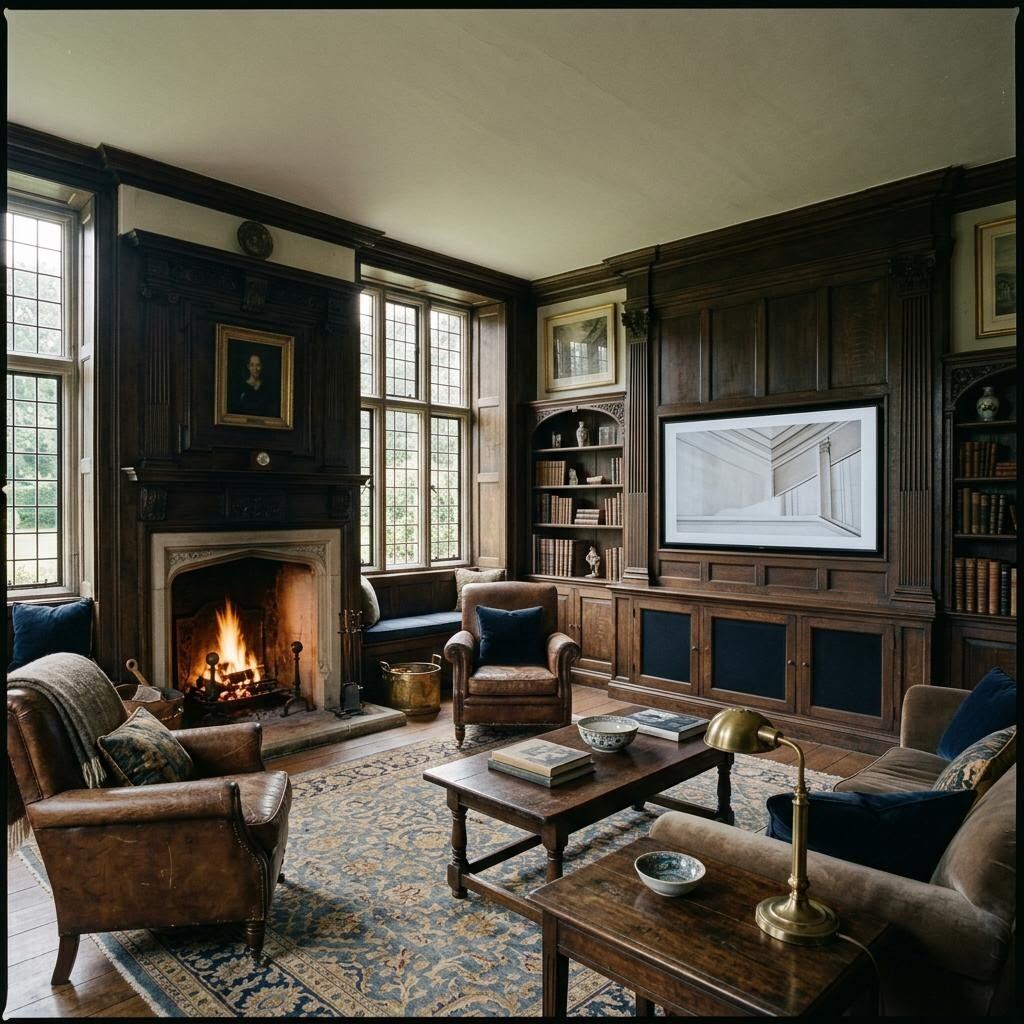 Living room with dark wood millwork, a fireplace, leaded windows, and a display